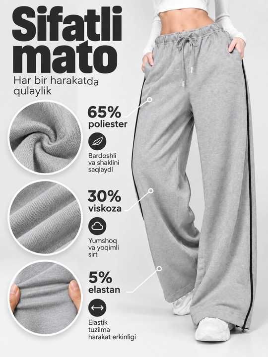Ayollar uchun keng triko sport shimlari, oversize model, qulay kundalik sport kiyimi