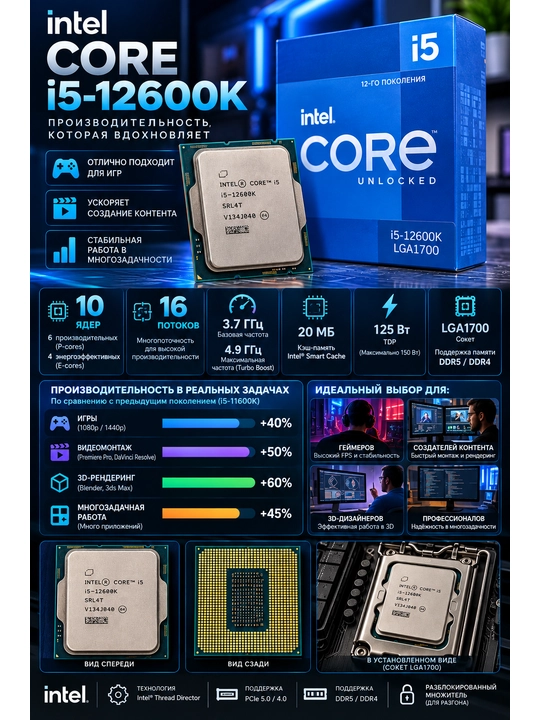 Intel core i5-12600K 10 yadro, 16 oqim, 4.9 ghz turbo, gaming & workstation