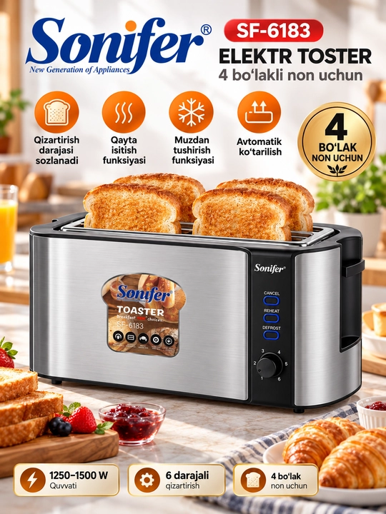 Sonifer SF-6183 elektr toster, 4 bo‘lak non uchun - 