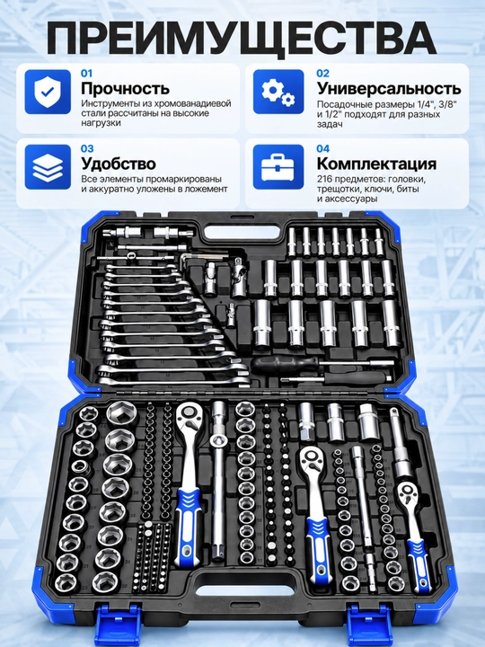 Набор ключей и торцевых головок DALI 216 предметов, 1/4, 3/8 и 1/2 дюйма