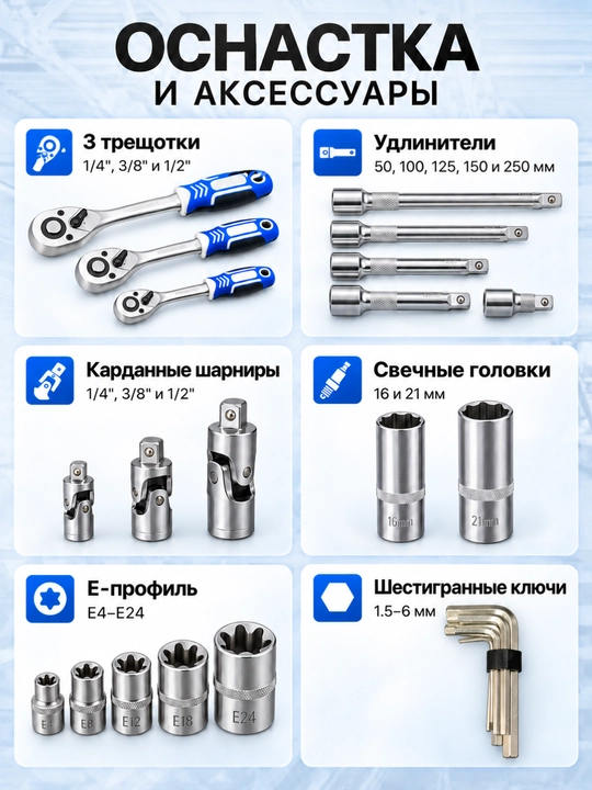 Набор ключей и торцевых головок DALI 216 предметов, 1/4, 3/8 и 1/2 дюйма