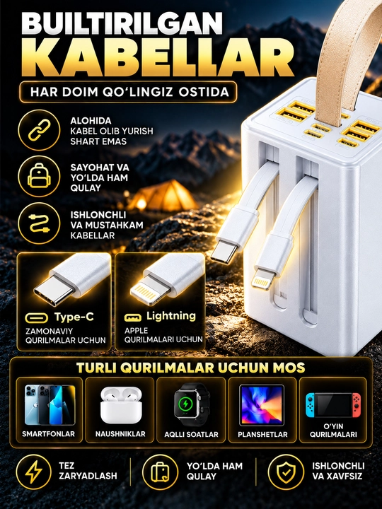Telefon uchun tashqi Power Bank batareyasi, portativ quvvatlash qurilmasi, tez quvvatlash