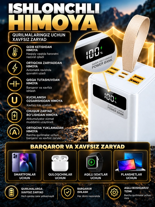 Telefon uchun tashqi Power Bank batareyasi, portativ quvvatlash qurilmasi, tez quvvatlash