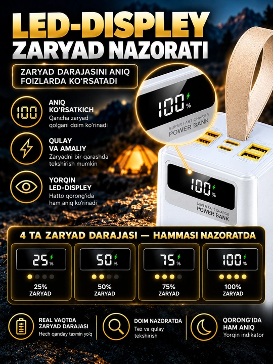 Telefon uchun tashqi Power Bank batareyasi, portativ quvvatlash qurilmasi, tez quvvatlash