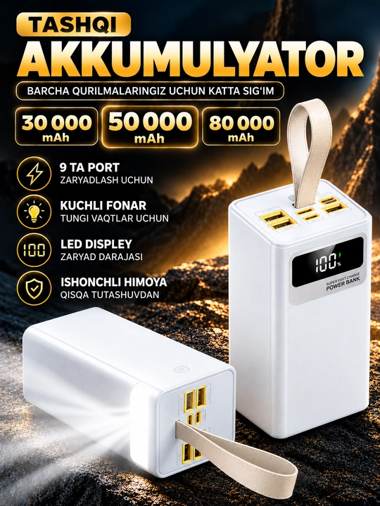 Telefon uchun tashqi Power Bank batareyasi, portativ quvvatlash qurilmasi, tez quvvatlash - 