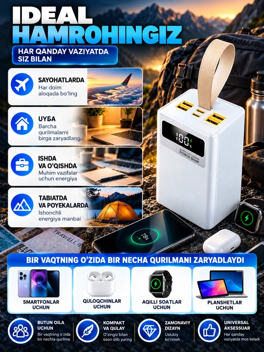 Telefon uchun tashqi Power Bank batareyasi, portativ quvvatlash qurilmasi, tez quvvatlash