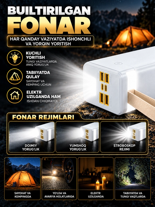 Telefon uchun tashqi Power Bank batareyasi, portativ quvvatlash qurilmasi, tez quvvatlash