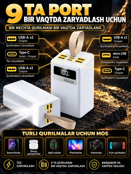 Telefon uchun tashqi Power Bank batareyasi, portativ quvvatlash qurilmasi, tez quvvatlash
