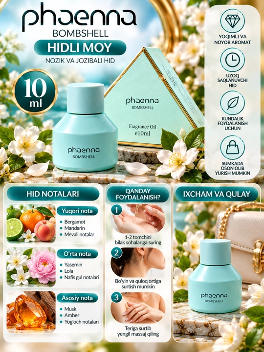Phaenna Bombshell intim xushbo‘y atir moyi ayollar uchun, 10 ml, ixcham atir