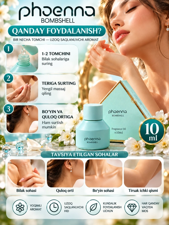 Phaenna Bombshell intim xushbo‘y atir moyi ayollar uchun, 10 ml, ixcham atir
