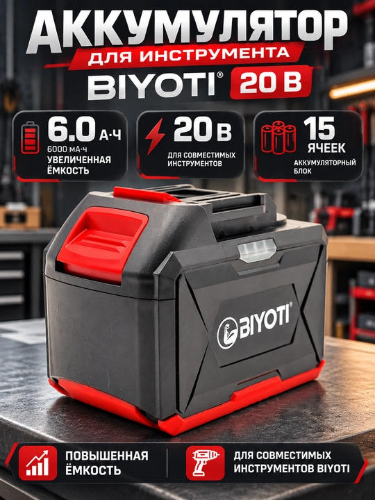 Аккумулятор BIYOTI 20 В, 6.0 А·ч, 15 ячеек, для электроинструментов - 