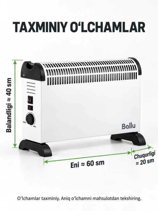Ballu LHP-M 2000 konvektor, ventilyator va termostatli elektr isitgich, 2000 Vt