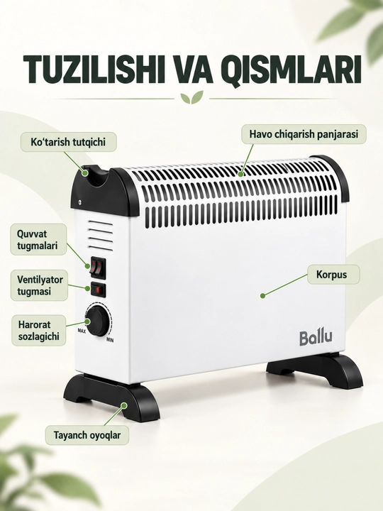 Ballu LHP-M 2000 konvektor, ventilyator va termostatli elektr isitgich, 2000 Vt