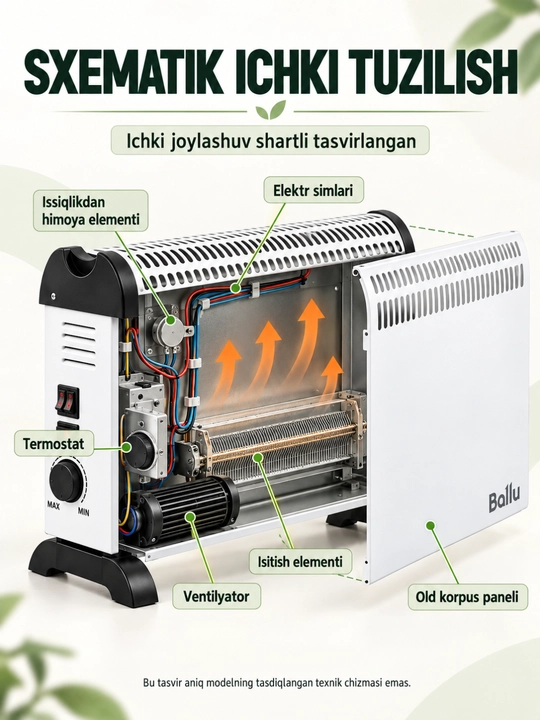 Ballu LHP-M 2000 konvektor, ventilyator va termostatli elektr isitgich, 2000 Vt