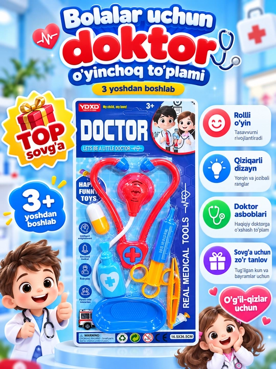 Bolalar uchun doktor o‘yinchoq to‘plami, tibbiy asboblar, stetoskop va shprits, 3+ - 