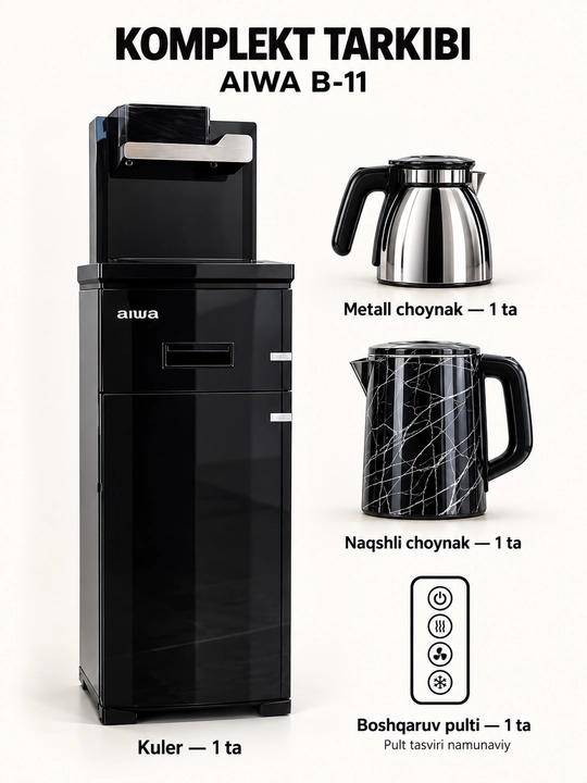 AIWA B-11 suv kuleri, pastdan yuklanadigan, 2 ta choynak va pult bilan, qora