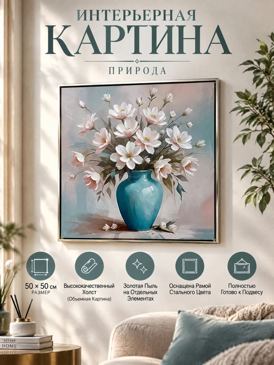 Oltin ramkadagi 50x50 o‘lchamli "Bahor guldastasi" hajmli gulli devoriy rasm - 