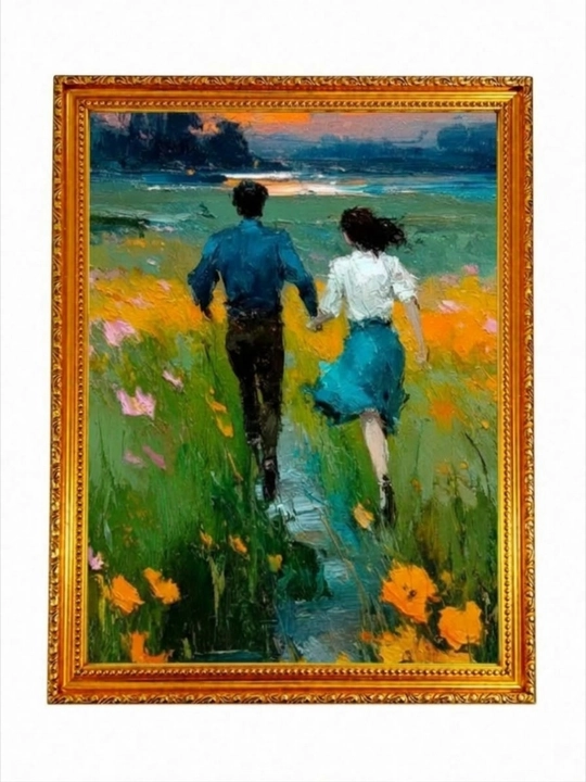 Ramkali dekorativ rasm "Gullagan dalada yugurayotgan juftlik", devor rasmi, 40x30 sm