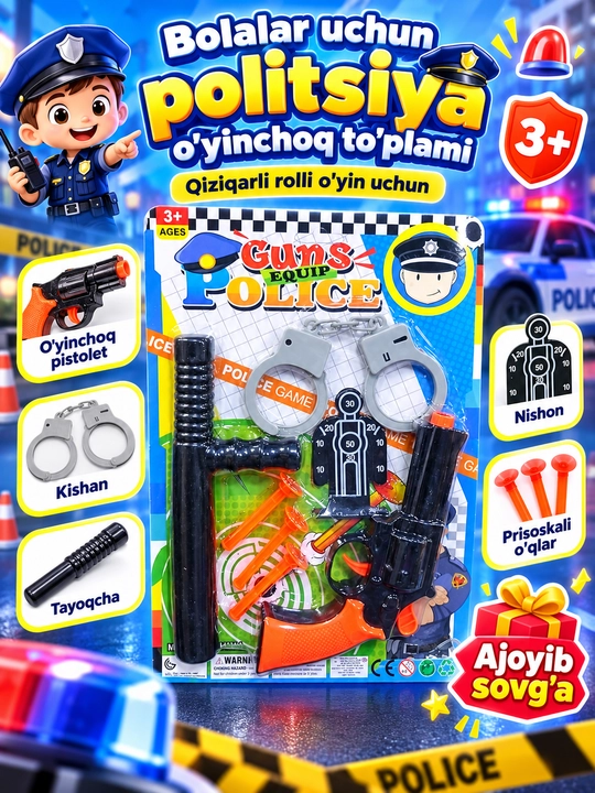 Bolalar uchun politsiya o‘yinchoq to‘plami, pistolet, kishan, nishon va o‘qlar, 3+ - 