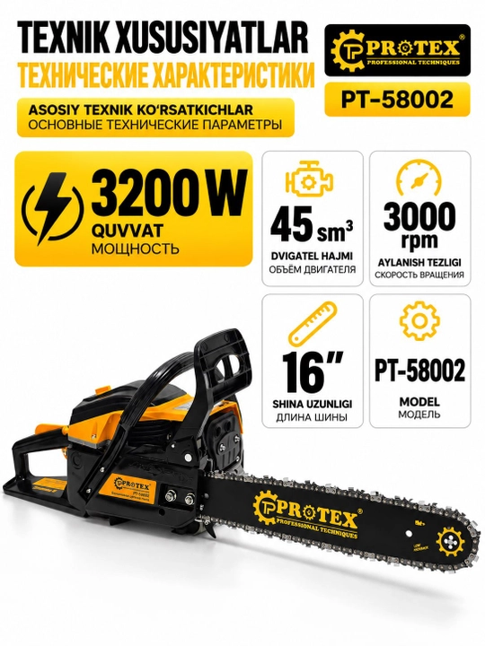 PROTEX PT 58002 3,5 kW benzinli zanjirli arra