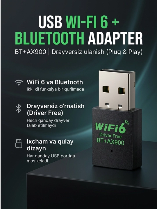 USB Wi-Fi 6 AX300 / AX900 simsiz tarmoq adapteri, Bluetooth funksiyali model
