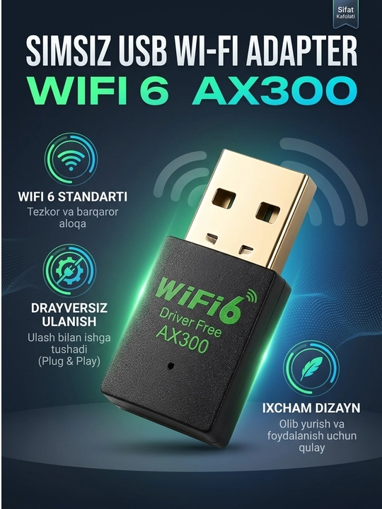 USB Wi-Fi 6 AX300 / AX900 simsiz tarmoq adapteri, Bluetooth funksiyali model
