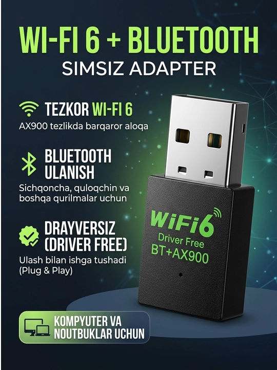 USB Wi-Fi 6 AX300 / AX900 simsiz tarmoq adapteri, Bluetooth funksiyali model