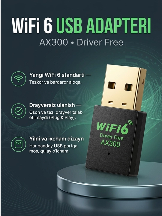 USB Wi-Fi 6 AX300 / AX900 simsiz tarmoq adapteri, Bluetooth funksiyali model