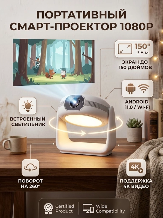 Портативный смарт-проектор для дома и кемпинга 1080P Full HD, Android 11, Wi-Fi - 