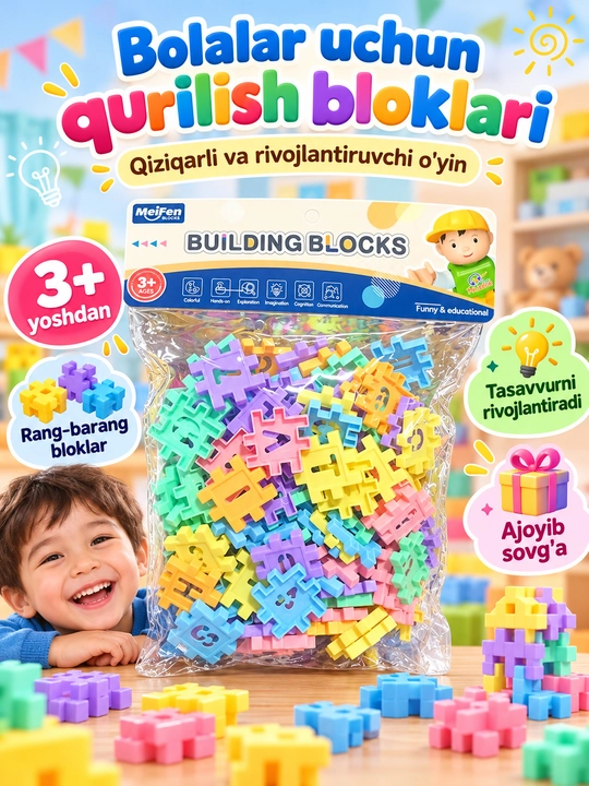 Bolalar uchun rangli konstruktor MeiFen Building Blocks, rivojlantiruvchi bloklar, 3+ - 