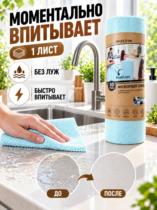 Салфетка, микрофибра, многоразовая, уборка дома, кухня, 30 штук, 22x22 см, мягкая тряпочка
