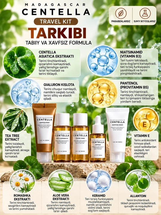 Madagascar Centella Travel Kit — yuz terisi uchun mini parvarish to‘plami, 5 dona