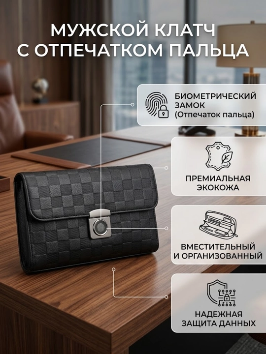 Мужской клатч с замком по отпечатку пальца, портмоне барсетка с биометрическим замком - 