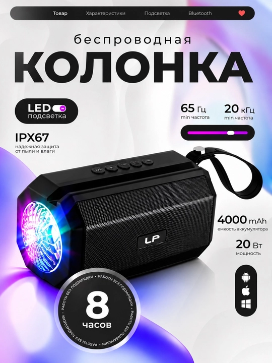 Беспроводная Bluetooth колонка, солнечная панель, FM радио, USB, карта памяти и фонарь - 