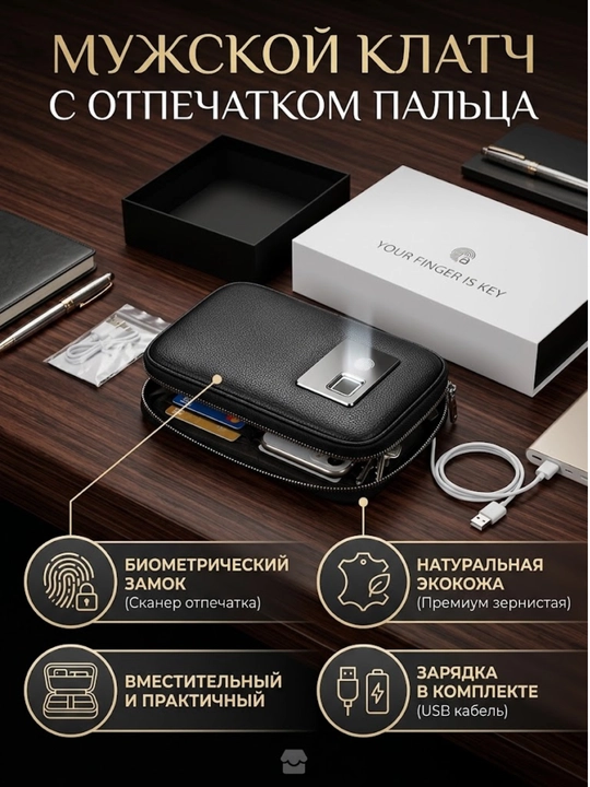 Мужской клатч с замком по отпечатку пальца, кожаное  с биометрическим замком - 