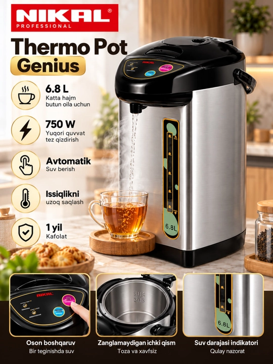 Elektr termopot, termopot 6.8 litr, suv qaynatgich, issiq suv dispenseri - 