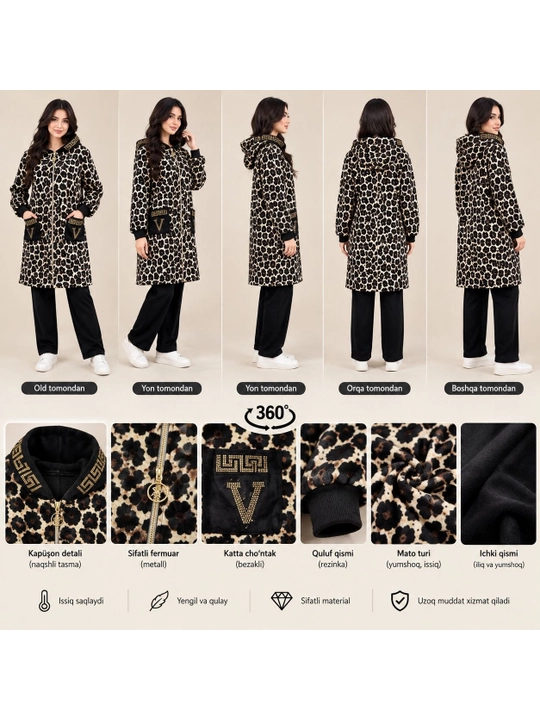 Ayollar uchun qishki issiq uzun kastyum leopard naqshli va qora shimlar