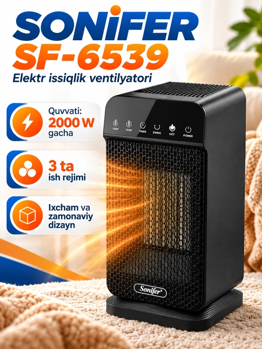 Sonifer SF-6539 elektr isitgich, 2000 W, PTC issiqlik ventilyatori, 3 ish rejimi