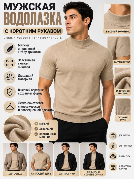Мужской свитер-американка с коротким рукавом,круглым вырезом,стандартный размер S-XL,46-52 - 