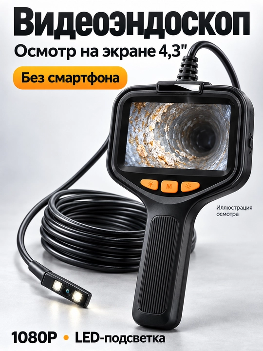 Эндоскоп с экраном 4,3″, техническая камера 1080P 8 мм для труб и автомобиля - 