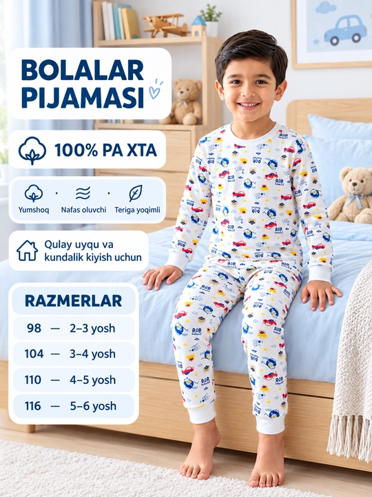 Bolalar pijamasi, kuzgi, o‘g‘il bolalar uchun paxta, nafas oladigan - 