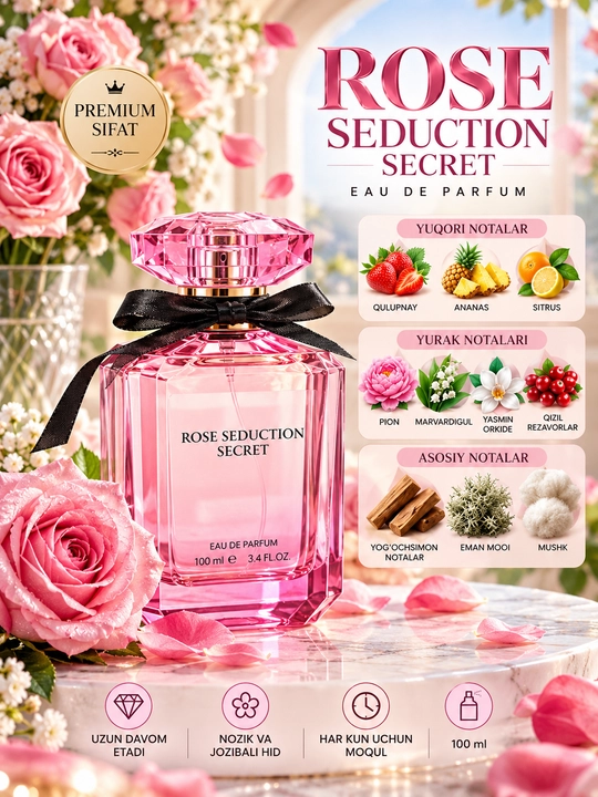 Parfyumlangan suv Rose seduction secret amor fragrance world edp, 100 ml