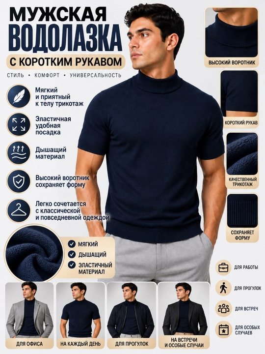 Мужской свитер-американка с коротким рукавом,круглым вырезом,стандартный размер S-XL,46-52 - 