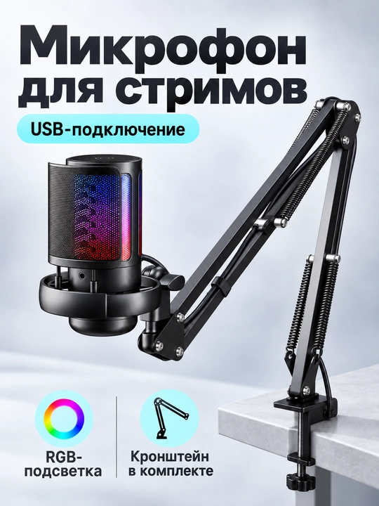 Kompyuter uchun AQ-ME6S USB mikrofon, kronshteyn va RGB yoritgich bilan - 