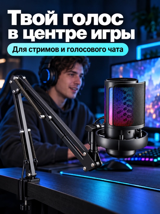 Kompyuter uchun AQ-ME6S USB mikrofon, kronshteyn va RGB yoritgich bilan