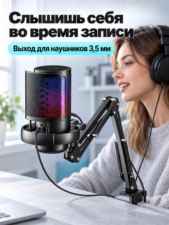 Kompyuter uchun AQ-ME6S USB mikrofon, kronshteyn va RGB yoritgich bilan