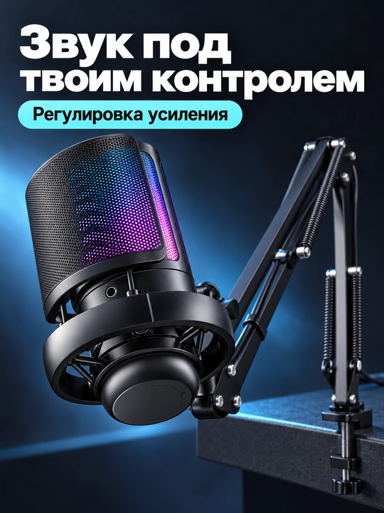 Kompyuter uchun AQ-ME6S USB mikrofon, kronshteyn va RGB yoritgich bilan