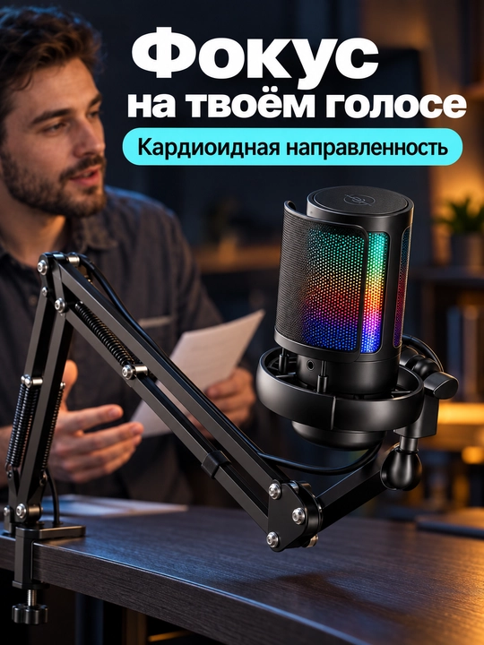 Kompyuter uchun AQ-ME6S USB mikrofon, kronshteyn va RGB yoritgich bilan