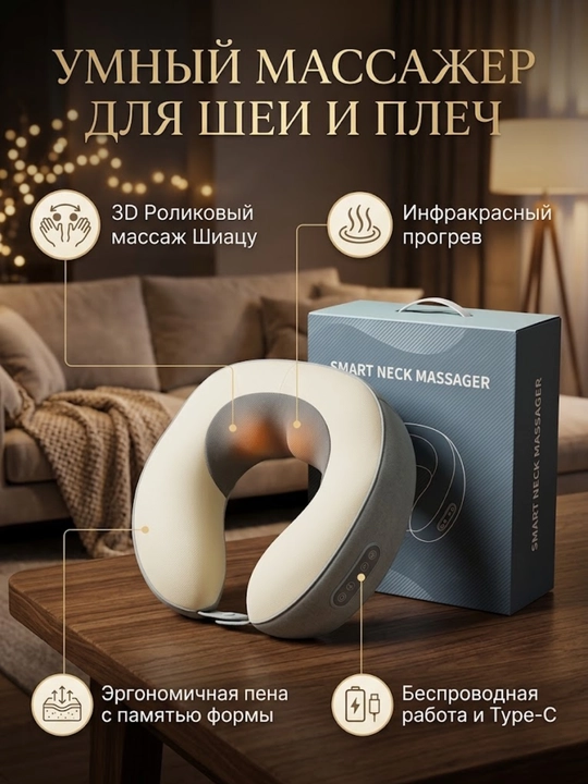 Массажная подушка для шеи и плеч Smart Neck Massager, беспроводной роликовый массажер - 