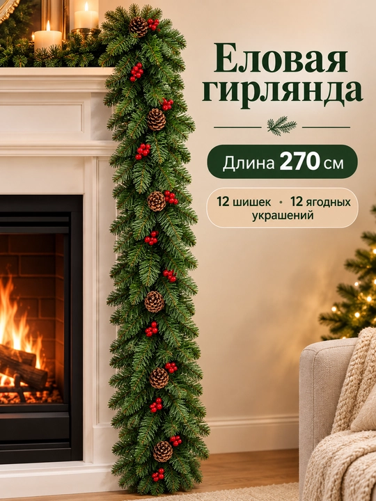 Sun’iy girlyanda, 270 sm, 300 shoxcha, 30 sm diametrli dekor,Sheshka va mevali bezaklar - 